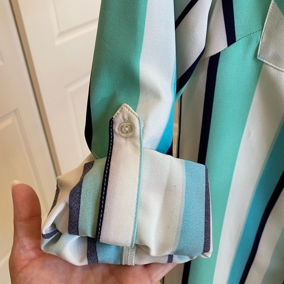 Blue Aqua White Striped button up collared shirt size XXS Denim and Company - Picture 8 of 11